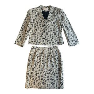 Pat Argenti black/cream floral two piece blazer skirt suit  lined size 4